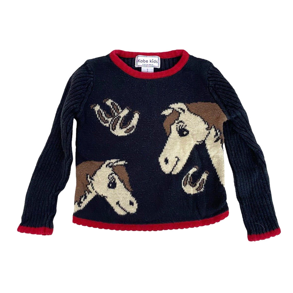 Vintage Horse Sweater Girls Size 4 Shirt Knit Ribbed Black Equestrian Pony 90s